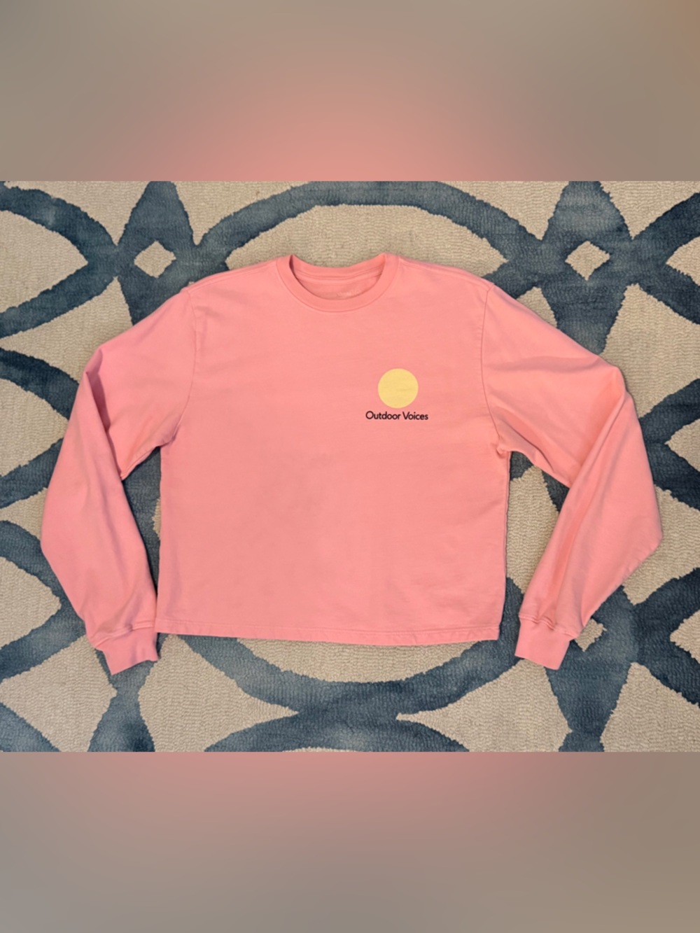Outdoor Voices Pink Long Sleeve Cropped Tee with Yellow Sun Logo -Size XS